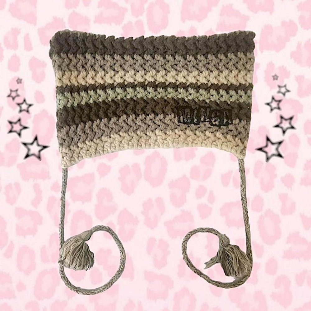 Minga London Striped Brown Tan Green Cat Crochet Fairycore Beanie